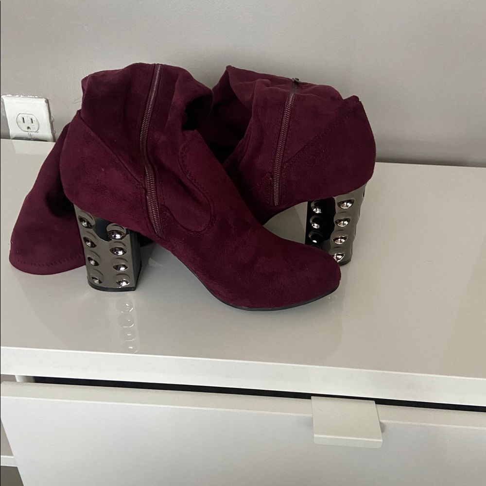 Burgundy Suede Heeled Thigh High Boots